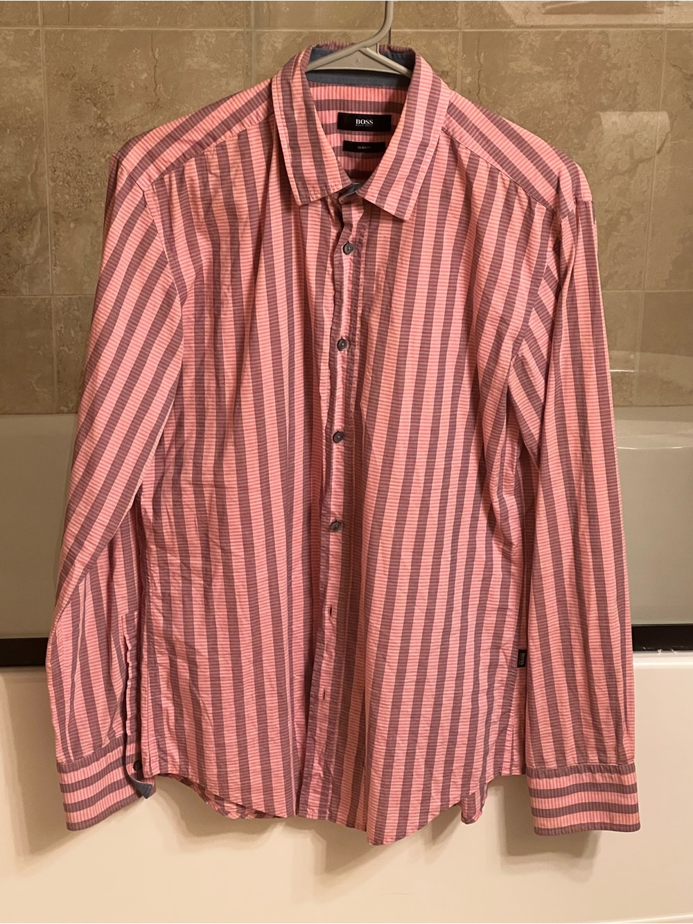 BOSS Pink and Gray Vertical Stripe Dress Shirt